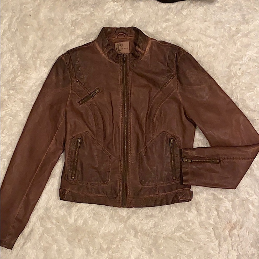 BLUE BIRD brown faux leather zip up jacket